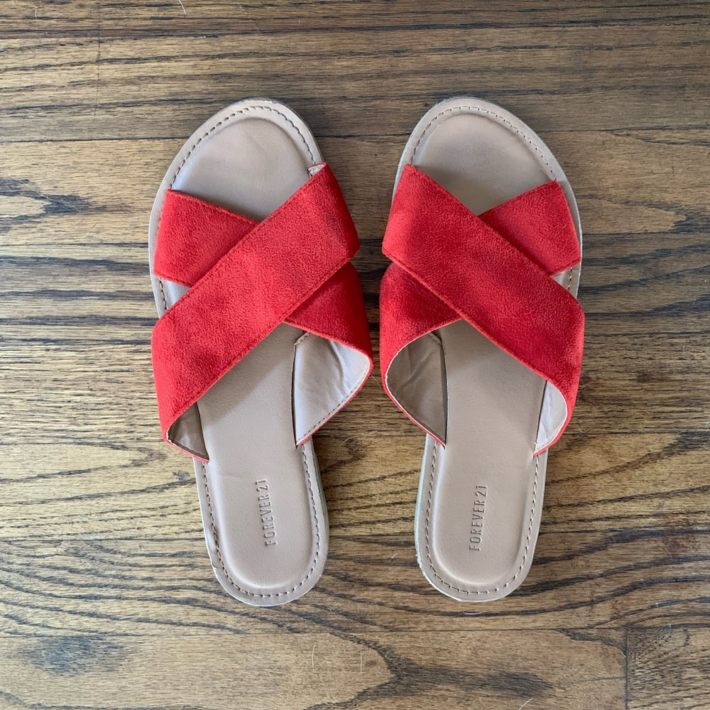 Faux suede slip on sandals